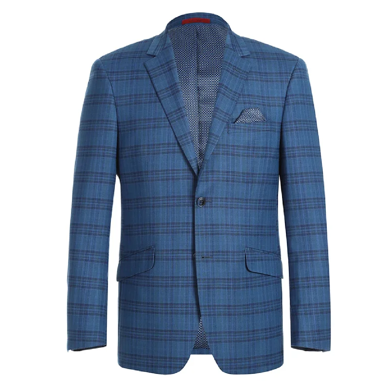 Raphael Mens Blue Plaid Slim Fit 2 Button Stretch Blazer Sportcoat