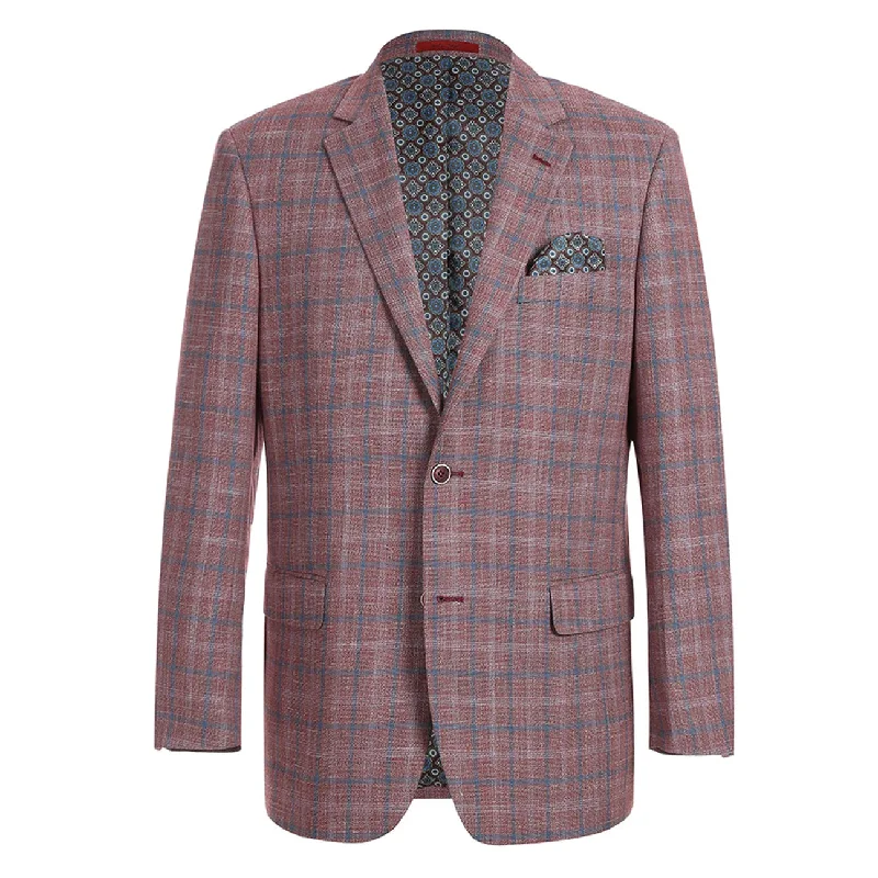 Raphael Mens Burgundy Plaid Classic Fit 2 Button Stretch Blazer Sportcoat