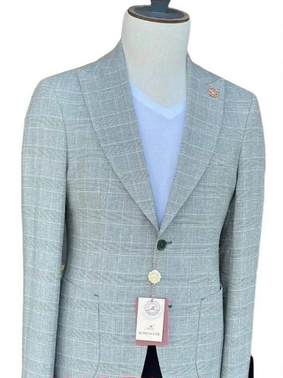 Romaster Mens Slim Fit Gray Plaid Linen Blend Blazer Sportcoat With Peak Lapels