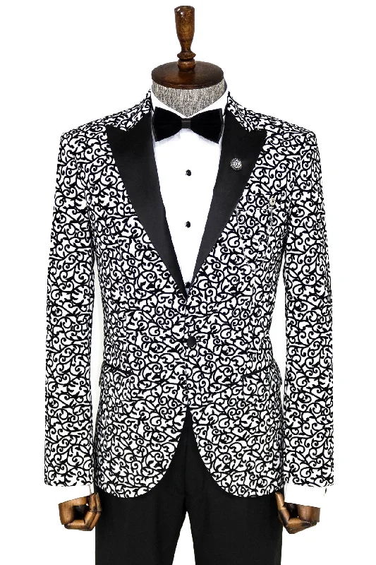 Scroll Patterned White Men Party Blazer - Wessi