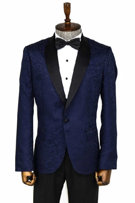 Shawl Lapel Floral Patterned Navy Blue Men Tuxedo Evening Blazer - Wessi