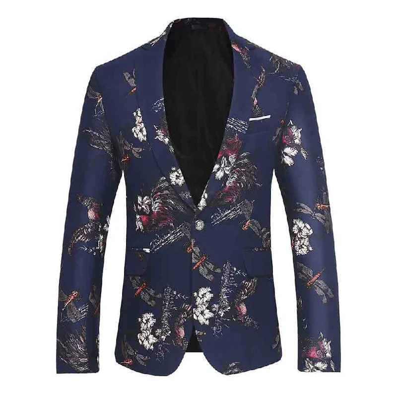 Slim Fit Floral Print Casual Navy Blazer