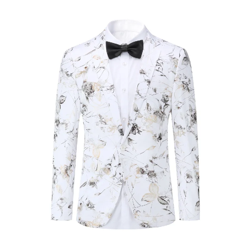 Slim Fit Floral Print Casual White Blazer