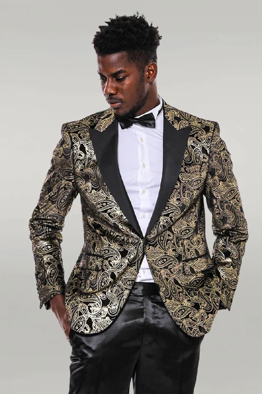 Slim Fit Gold Paisley Patterned Black Men Tuxedo Blazer - Wessi