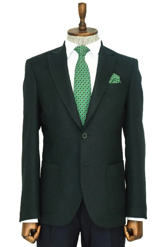 Slim Fit Plain Wide Lapel Green Men Wool Blazer - Wessi