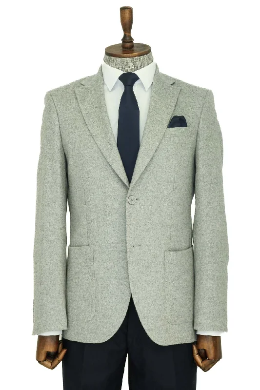 Slim Fit Plain Wide Lapel Grey Men Wool Blazer - Wessi