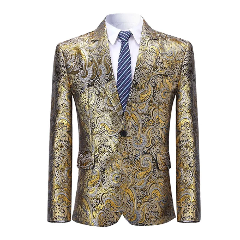 Slim Fit Shiny Print Gold Blazer