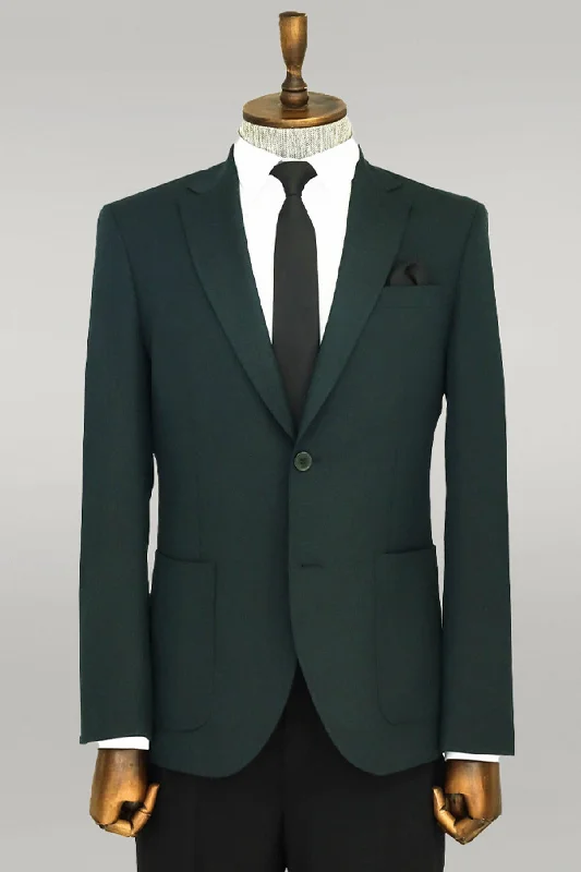 Textured Slim Fit Peak Lapel Green Men Blazer - Wessi