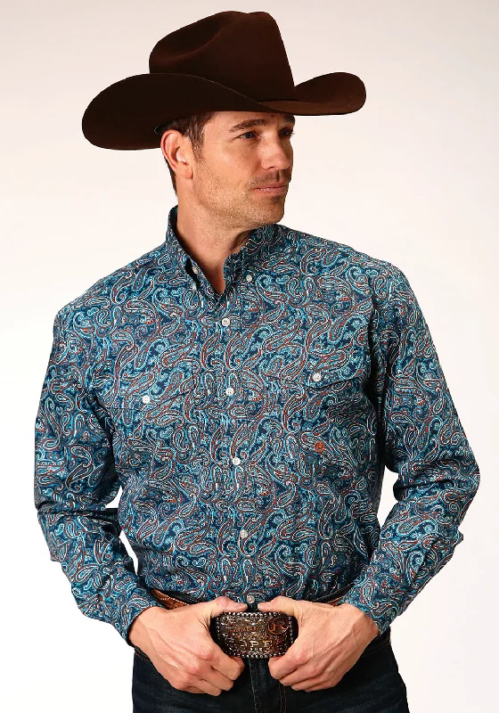 Roper Mens Blue 100% Cotton Canyon Paisley BD L/S Btn Shirt