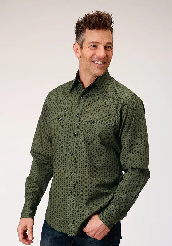 Roper Mens Drybrush Diamonds Green 100% Cotton L/S Shirt