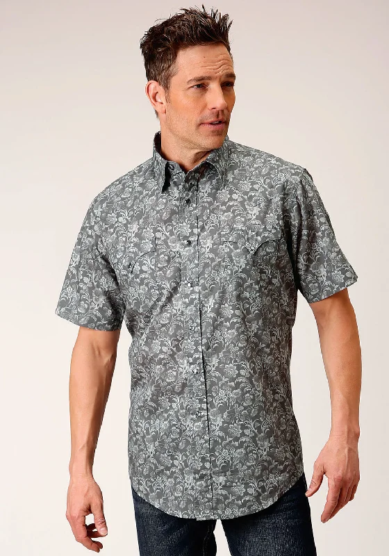 Roper Mens Silver Vine Print Grey 100% Cotton S/S Shirt