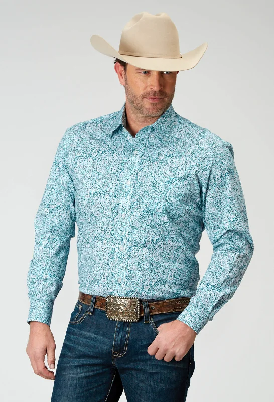 Roper Mens Stretch Paisley Teal Cotton Blend L/S Shirt