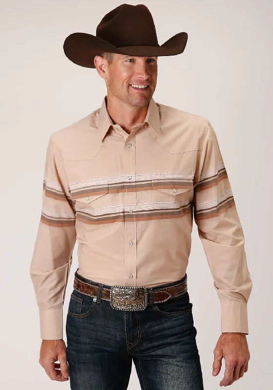 Roper Mens Tan/Brown Cotton Blend Border Stripe L/S Shirt