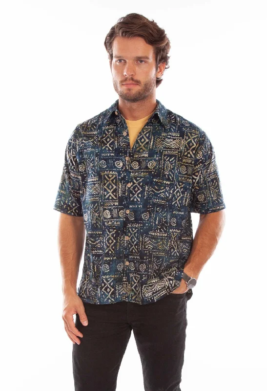 Scully Mens Batik Tribal Navy 100% Cotton S/S Shirt