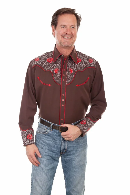 Scully Mens Mesmerising Red Roses Chocolate Poly/Rayon L/S Shirt